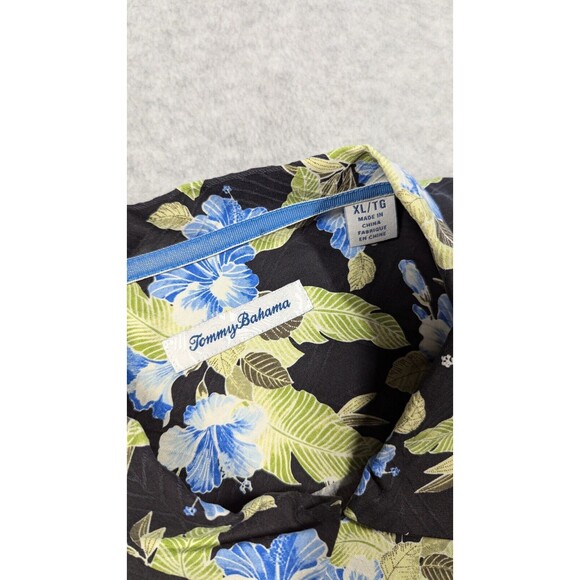 Tommy Bahama Men Shirt XL Hawaiian Silk Blue Hibiscus Tonal Chevron‎ Striped S/S - Picture 5 of 9
